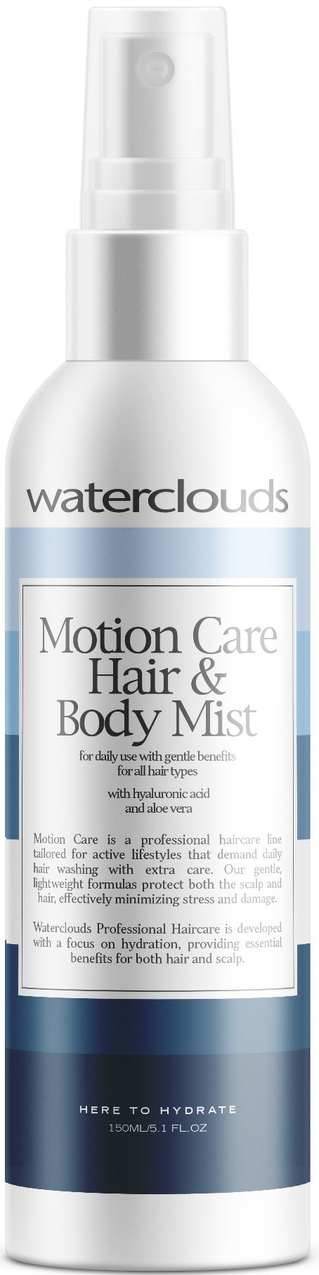 En vit flaska med spraylock märkt Waterclouds Motion Care Hair & Body Mist.