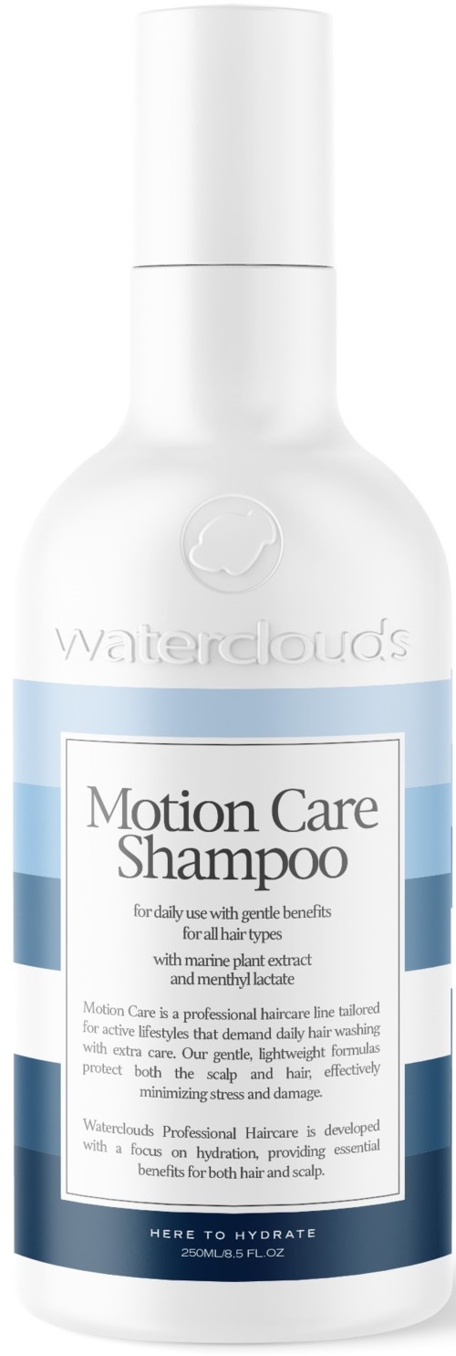Valkoinen pullo Waterclouds Motion Care Shampoo, sinisellä etiketillä ja valkoisella korkilla.
