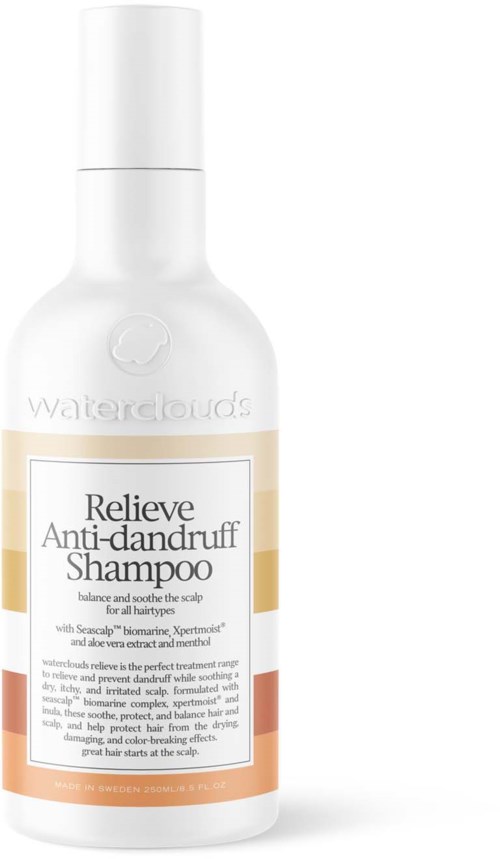 Das Bild zeigt eine weiße Flasche Waterclouds Relieve Anti-Schuppen-Shampoo mit schlichter Beschriftung und Verschluss.