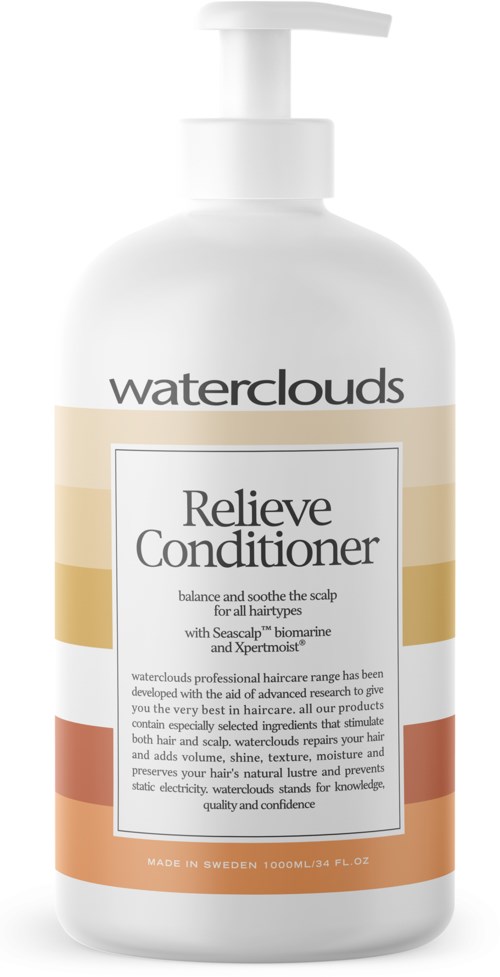 Waterclouds Relieve Conditioner -pullotin, valkoinen etiketti ja eri värisiä nauhoja, rauhoittaa päänahkaa.