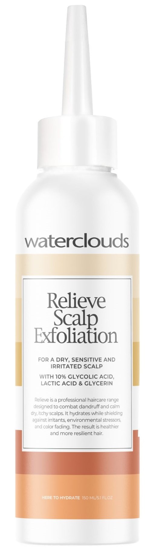 Eine weiße Flasche mit Spitzenspitze, beschriftet 'waterclouds Relieve Scalp Exfoliation', für Kopfhautpflege.