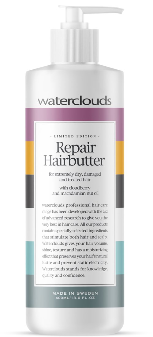 En hvid flaske med Waterclouds Repair Hairbutter til tørt, beskadiget hår med pumpe og farverigt label.