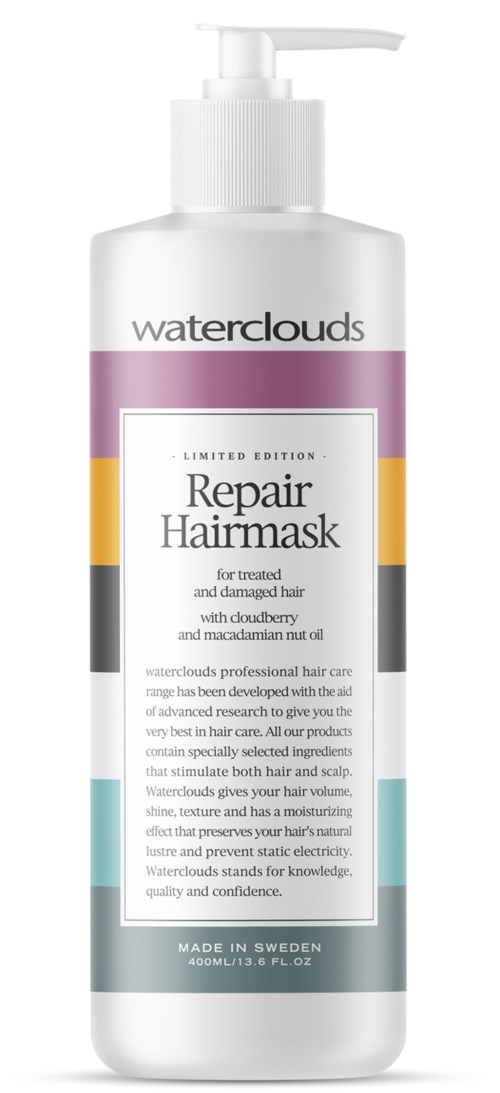 En vit flaska med pump märkt "Waterclouds Repair Hairmask" för skadat hår, med en lila, gul, svart och ljusblå design.