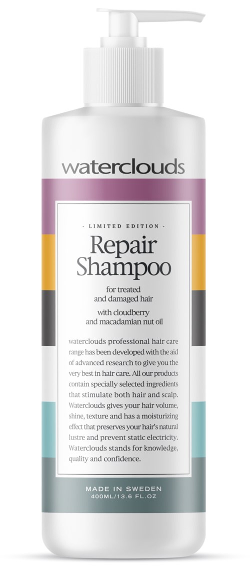 En vit flaska med pump, märkt Waterclouds Repair Shampoo för behandlat och skadat hår, med en lila, gul, svart och turkos design.