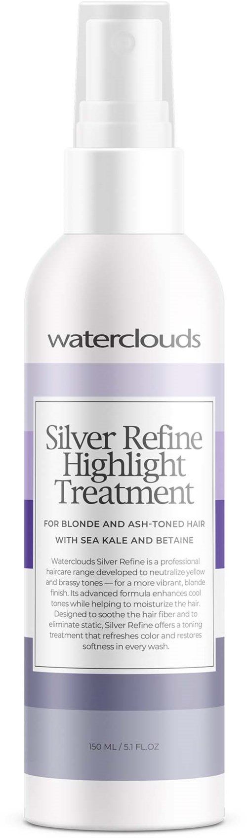 Eine weiße Flasche mit Sprühkopf, gekennzeichnet als Waterclouds Silver Refine Highlight Treatment für blondes Haar.
