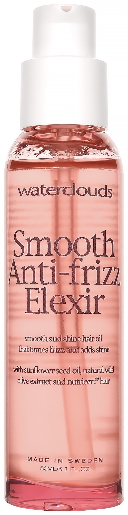 A pink bottle of Waterclouds Smooth Anti-frizz Elixir for shiny, frizz-free hair, made in Sweden.