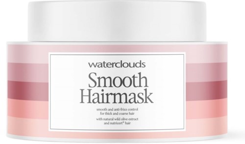 En rosa och vit burk märkt 'Waterclouds Smooth Hairmask' för hårvård.