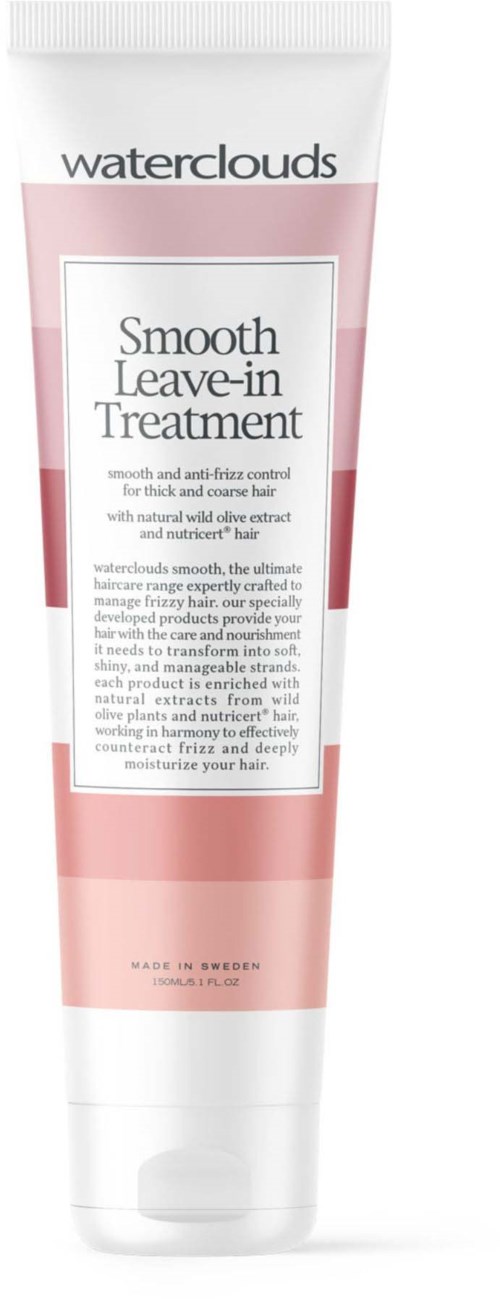 En rosa och vit tub med etiketten 'Waterclouds Smooth Leave-in Treatment' för hårvård. Den påstår sig vara slät och anti-frizz.