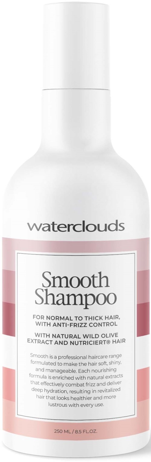 Biała butelka Waterclouds Smooth Shampoo dla włosów grubszych lub normalnych, z różową i białą etykietą.