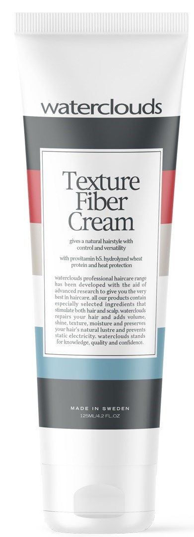 Een witte tube Waterclouds Texture Fiber Cream met zwarte, rode en blauwe ontwerp elementen en tekst.