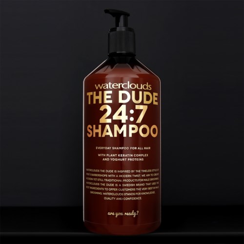 A dark brown shampoo bottle with a black pump, labeled 'Waterclouds THE DUDE 24:7 SHAMPOO' in large and small text.