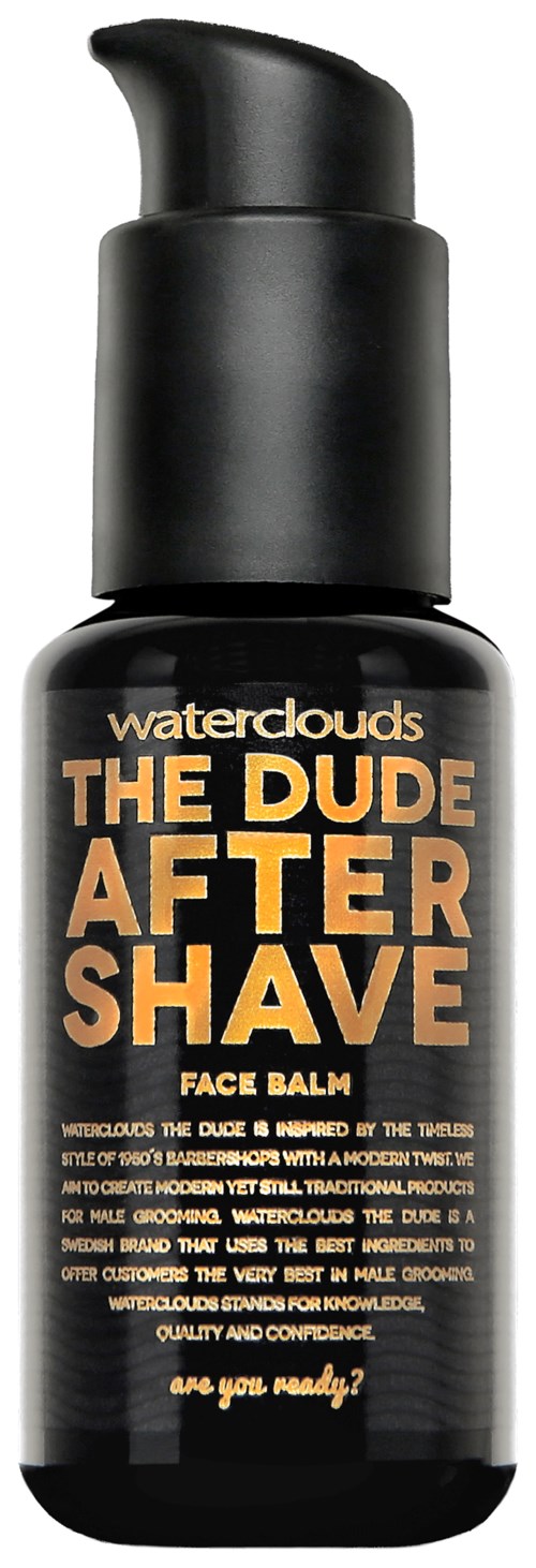 Sort flaske med pumpe indeholder Waterclouds The Dude After Shave Face Balm tekst i orange og hvid.