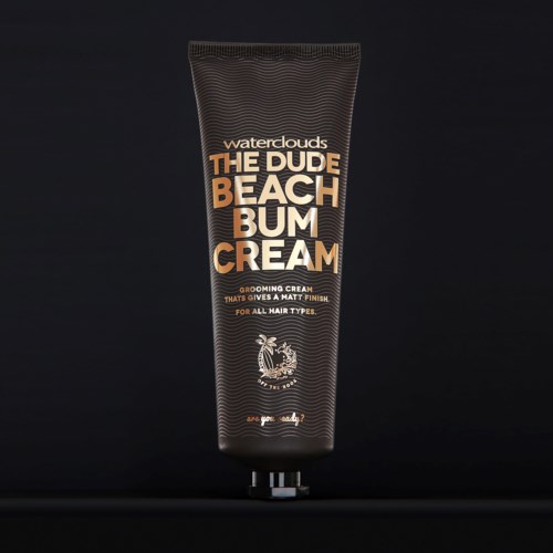 Czarna tubka kremu do pielęgnacji o nazwie 'Waterclouds The Dude Beach Bum Cream' z pomarańczowym i białym tekstem.