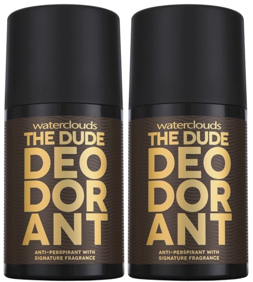 To dåser af Waterclouds The Dude Deodorant med sort og guldfarvet label, antiperspirant, signatur duft.