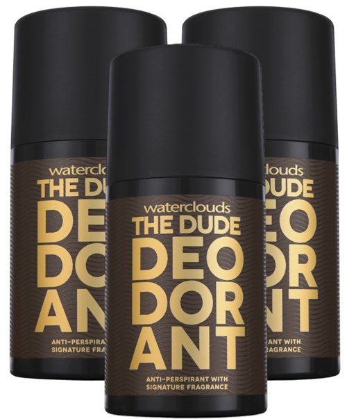 Tre dåser deodorant mærket THE DUDE DEODORANT med sorte beholdere og guldtekst.