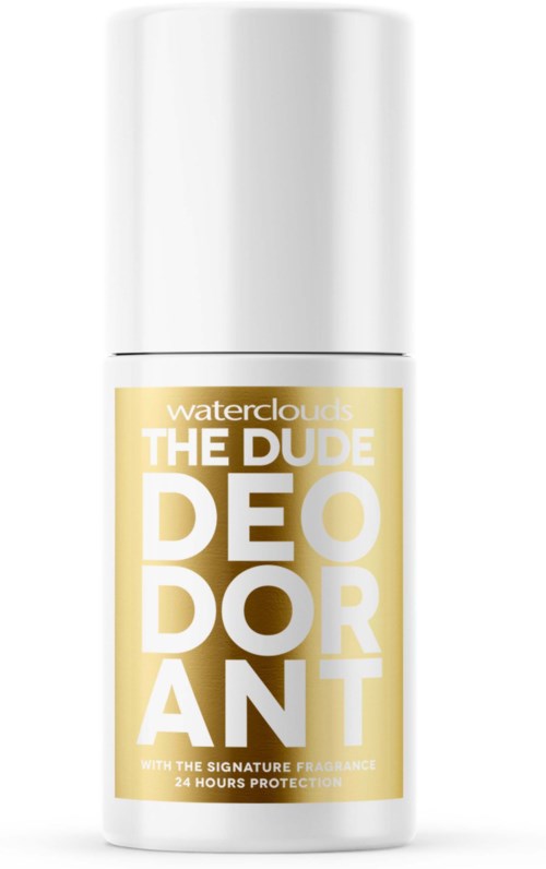 En vit deodorantflaska med gul och vit text som säger 'The Dude Deodorant' av Waterclouds.