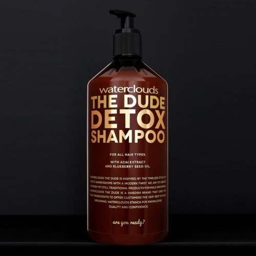 Mörkbrun schampofläsk med pump, etiketten säger 'Waterclouds The Dude Detox Shampoo' för alla hårtyper.