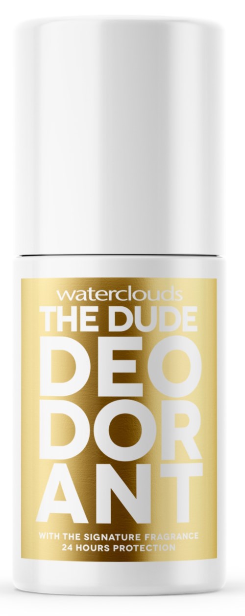 En vit behållare med gult märke som säger "Waterclouds The Dude Deodorant" och nämner 24-timmars skydd.
