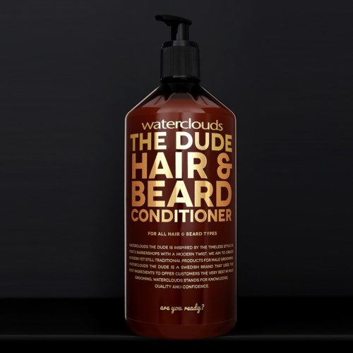 Brun fles Waterclouds The Dude Hair & Beard Conditioner met pomp, voor alle haar- en baartypes.