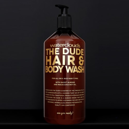 Ruskea pumppupullo, jossa teksti 'Waterclouds The Dude Hair & Body Wash' kaikille iho- ja hiustyypeille, sisältäen manteli- ja makadamiapähkinäöljyä.