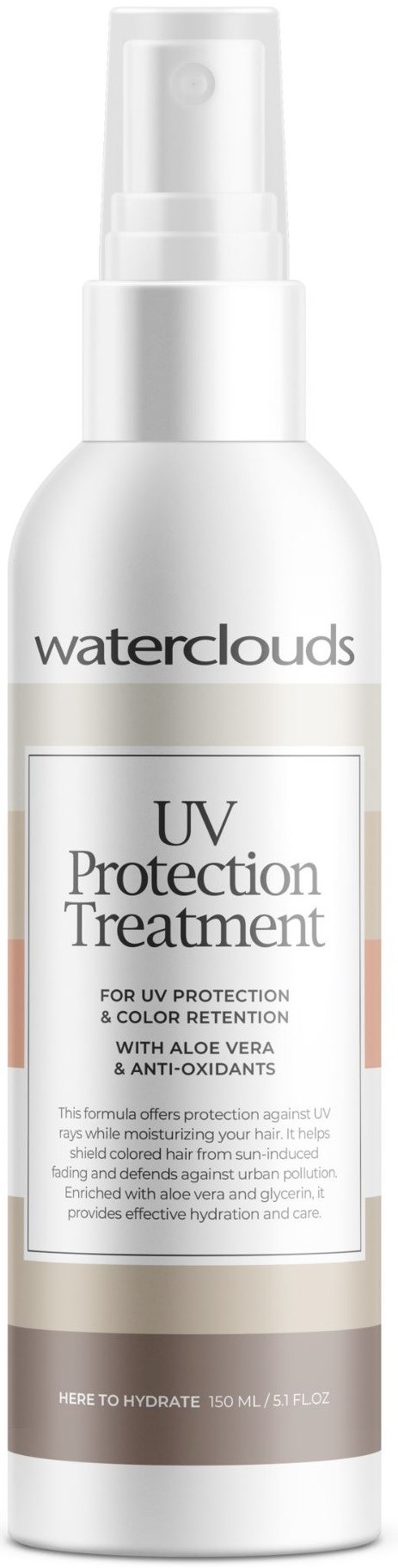 En vit flaska med pump och en etikett som säger Waterclouds UV Protection Treatment för huden.