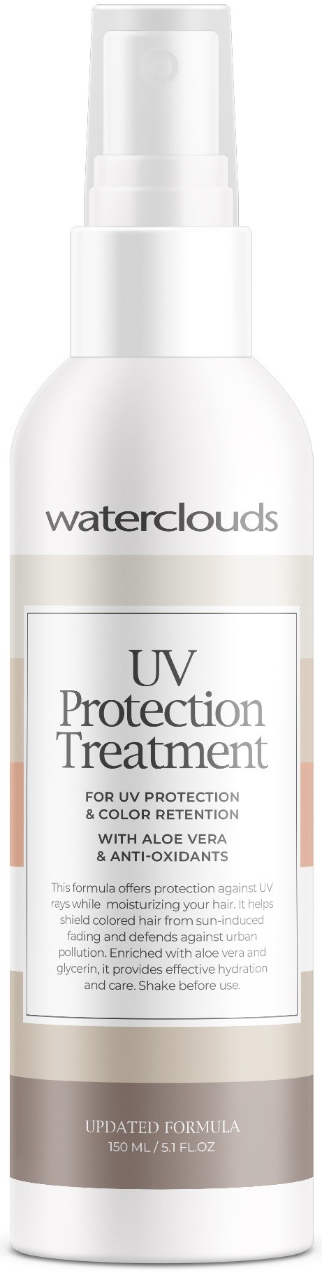 Valkoinen pipettipullo sisältää Waterclouds UV-suojavoiteen iholle, aloe veralla ja antioksidanteilla.