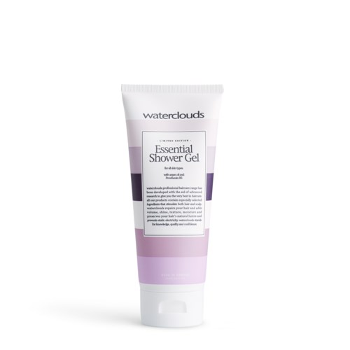 En tub med Waterclouds Essential Shower Gel med vit och lila design.