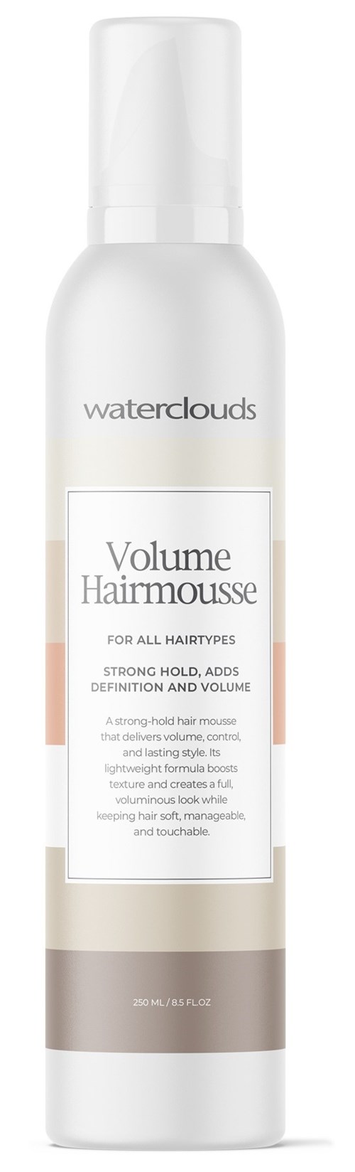 En vit flaska med Waterclouds Volume Hair Mousse med pump, märkt för alla hårtyper.