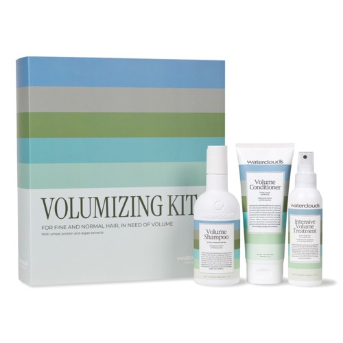 Haarpflege-Set mit Shampoo, Conditioner, Spray und Behandlung vor einem bunten Karton.
