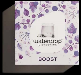 Waterdrop Boost microdrink box has a purple leaf and berry pattern, with a white central area showing the product name.