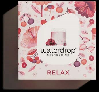 Box with waterdrop microdrink, pink and purple floral design, and the word RELAX.