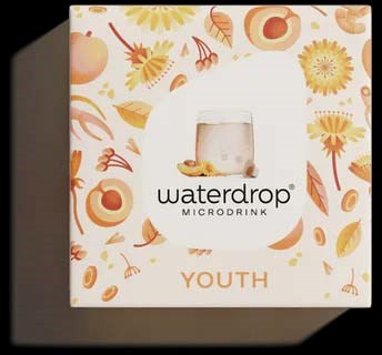 A box with floral patterns and a glass of drink, labeled 'waterdrop MICRODRINK YOUTH' with a natural, fresh design.