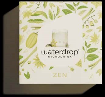 A box with natural leaf patterns, a small window, and the text 'waterdrop MICRODRINK ZEN' on the front.