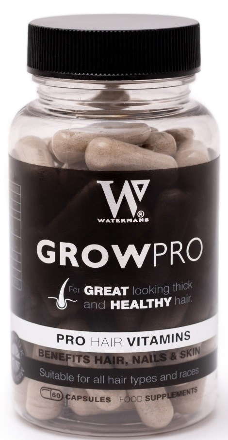 En kosttilskapsflaske merket 'GROW PRO' for sunt hår, negler og hud, inneholder kapsler med vitaminer.