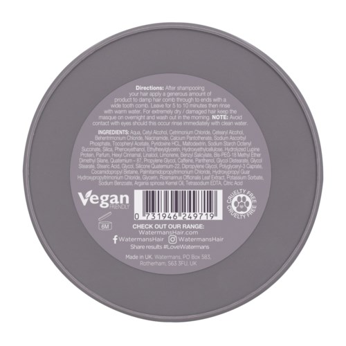 Okrągła etykieta z instrukcjami, składnikami, logo wegańskie i cruelty-free, kod kreskowy, strona internetowa i dane adresowe.