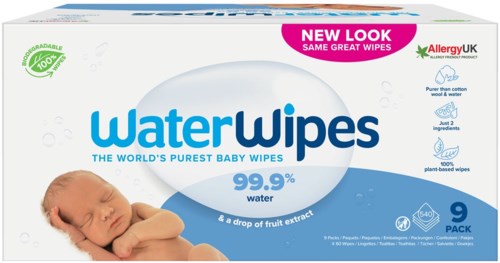 Box of baby wipes labeled 'Water Wipes', 99.9% water, soft for skin, 9 pack, new look, allergy UK approved.