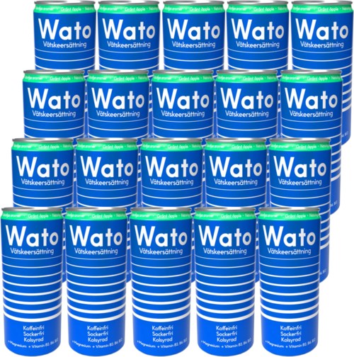A group of blue cans with green tops labeled 'Wato' in Swedish and Finnish, with white text and stripes.