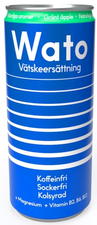 Blue can of liquid with Swedish text, indicating a beverage with magnesium and vitamin B2, plus apple flavor.