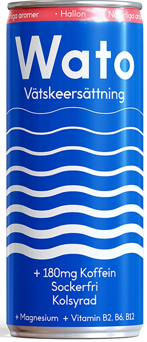 Een blauwe blik met witte golvende lijnen, Nederlandse tekst over een drankje met cafeïne, zonder suiker, bevat vitamines en mineralen.