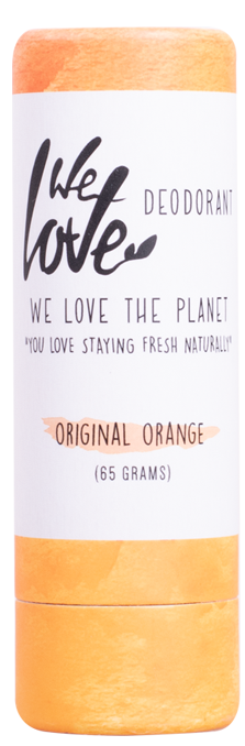 En deodorantstift med orange färg och en vit etikett, visar märket 'We Love' och doften 'Original Orange'.