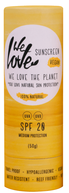 Gult solskydds-lock med vegan- och naturliga etiketter, SPF 20, medelhög skydd, vattentålig, hypoallergen och revvänlig.