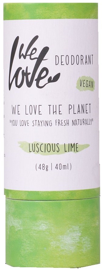 En grön och vit deodorantstift med text om att älska planeten och vegansk, lime smak.