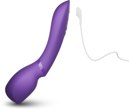 A purple curved device with a white cord and earbud, likely a personal massager or vibrator.