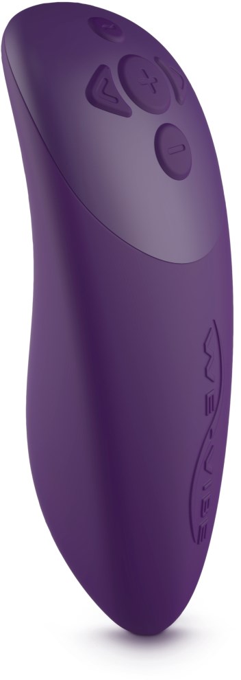 A purple remote control with buttons for different functions, rounded shape, and a curved design.