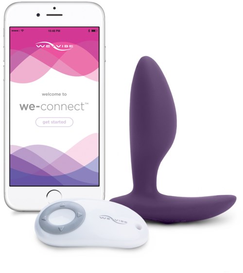 A purple device and a white remote control are shown next to a smartphone with a pink and purple app.  