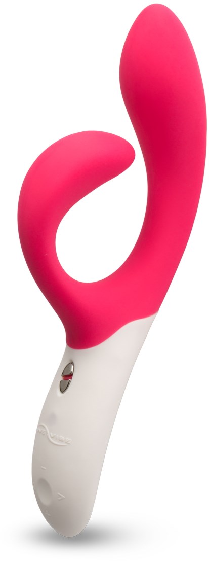 En rosa och vit böjd enhet, sannolikt en massage- eller vibrator, med en kontrollknapp på handtaget.