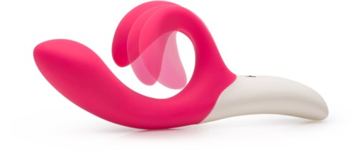 Ett rosa och vitt böjt föremål, möjligen en leksak eller pryl, med en flexibel, loopad design.