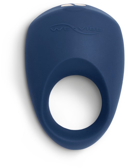 Een blauw plastic apparaat met een grote ronde opening en de woorden "WE VIBE".