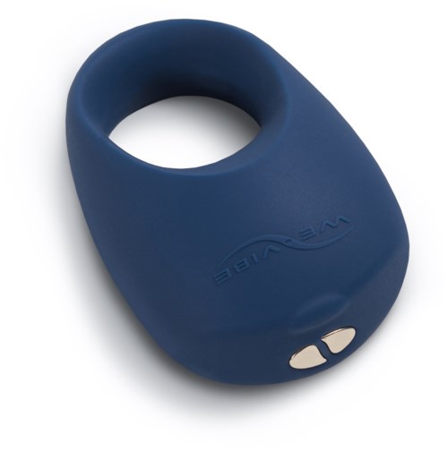 Een blauw voorwerp met een ronde opening, vormgegeven als sleutelhanger of klein apparaat, met twee zilveren knoppen onderaan.