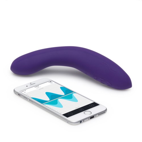 A purple curved device connects to a smartphone displaying wave patterns.